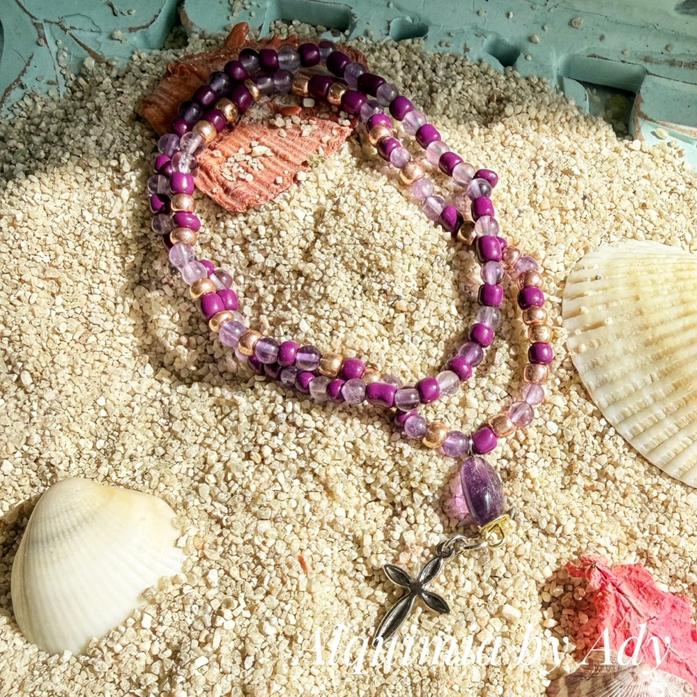 Purple  AMETHYST and Gold STACK + Bracelet DUO with Cross Charm